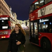 Britt in front of a London bus